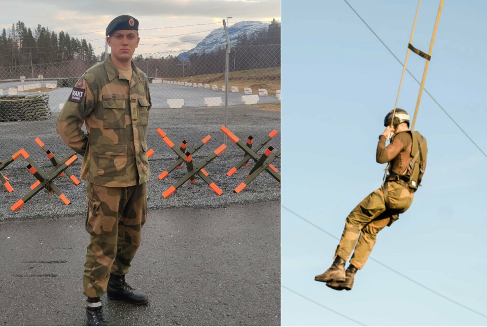 VAKTSOLDAT: Edvard Os (t.v.) fullførte fallskjermjegeropptaket, men kom ikke videre. Nå er han vaktsoldat på Setermoen. Bildet til høyre er tatt under fallskjermjegeropptaket i 2020.