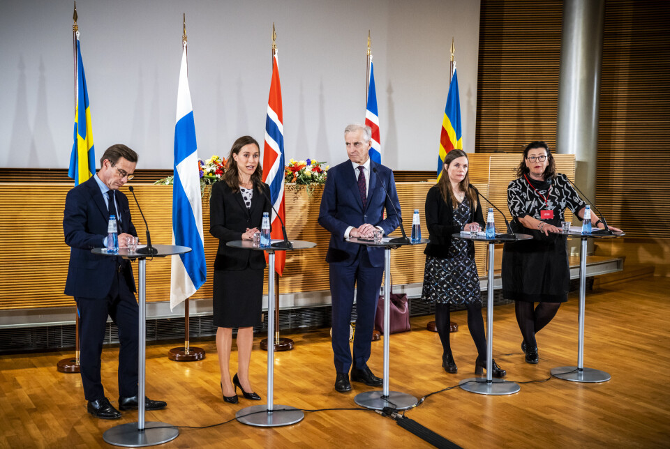 NORDISK RÅD: Sveriges statsminister Ulf Kristersson t.v., Finlands statsminister Sanna Marin, statsminister Jonas Gahr Støre, Ålands regjeringssjef Veronica Thörnroos, Islands statsminister Katrin Jakobsdottir deltok på Nordisk råds sesjon i Helsingfors tirsdag 1. november.