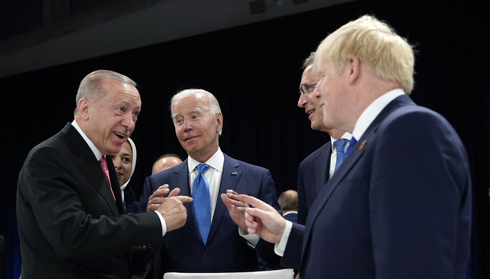 MADRID: Fra venstre, den tyrkiske presidenten Recep Tayyip Erdogan, USAs president Joe Biden, NATO generalsekretær Jens Stoltenberg og Storbritannias tidligere statsminister, Boris Johnson fotografert under Nato-toppmøte i Madrid, juni 2022.