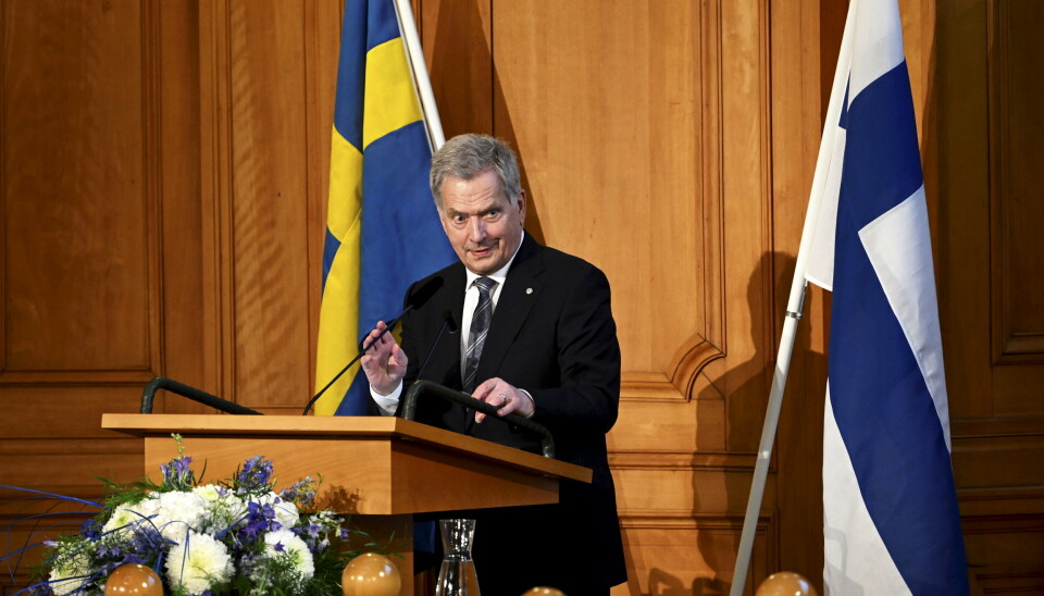 STOCKHOLM: Finlands president Sauli Niinistö holder en tale i riksdagshuset i Stockholm under sitt statsbesøk i mai, 2022.