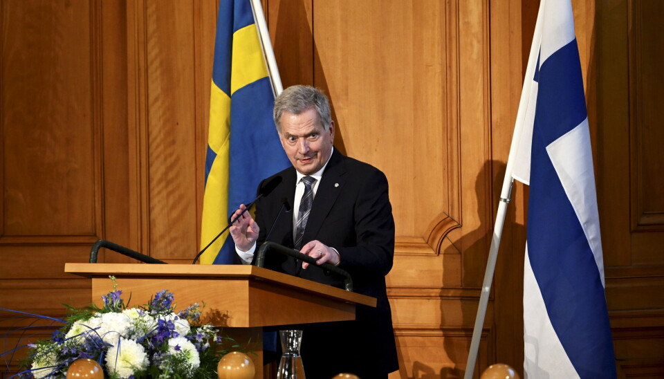 STOCKHOLM: Finlands president Sauli Niinistö holder en tale i riksdagshuset i Stockholm under sitt statsbesøk i mai, 2022.