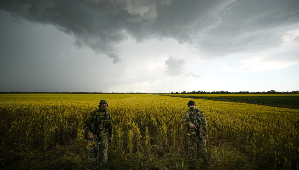 TVANGSREKRUTTERING: Som følge av høy fattigdom tvangrekrutteres mange etniske minoriteter til krigen i Ukraina. Bilde for illustrasjon. Russiske soldater holder vakt rundt en hveteåker, mens utenlandske journalister jobber i området Zaporizhzhia, sør-øst Ukraina, 14. juni 2022.