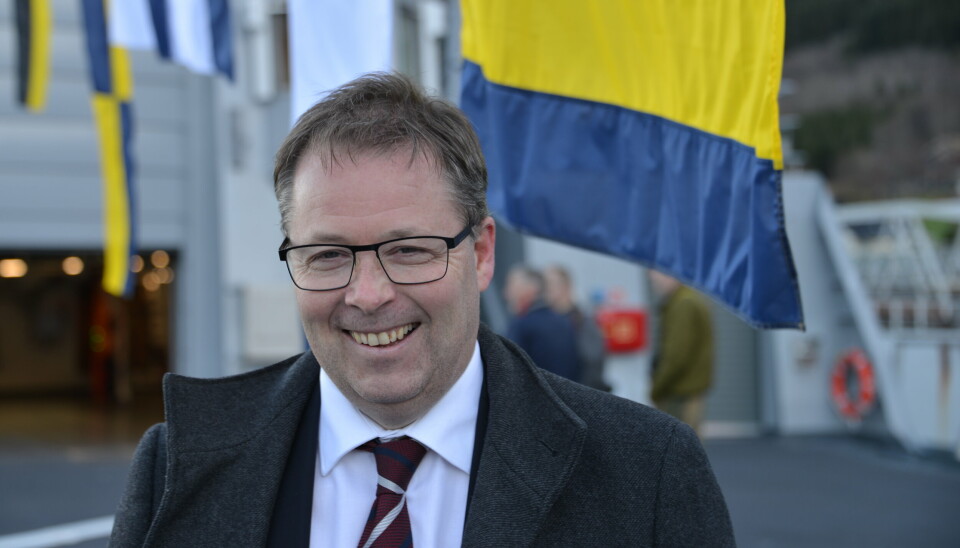 Forsvarsminister Bjørn Arild Gram (Sp) i perlehumør om bord på KV Jan Mayen 16. november 2022.