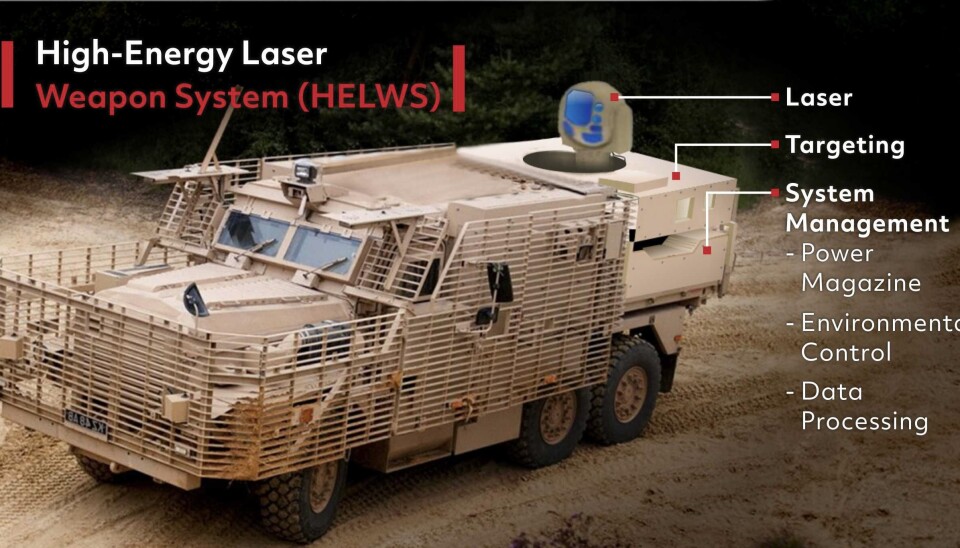PLAN FOR LASERVÅPEN: Det amerikanske teknologiselskapet Raytheon publiserte denne illustrasjonen i fjor. Kjøretøyet heter Wolfhound,