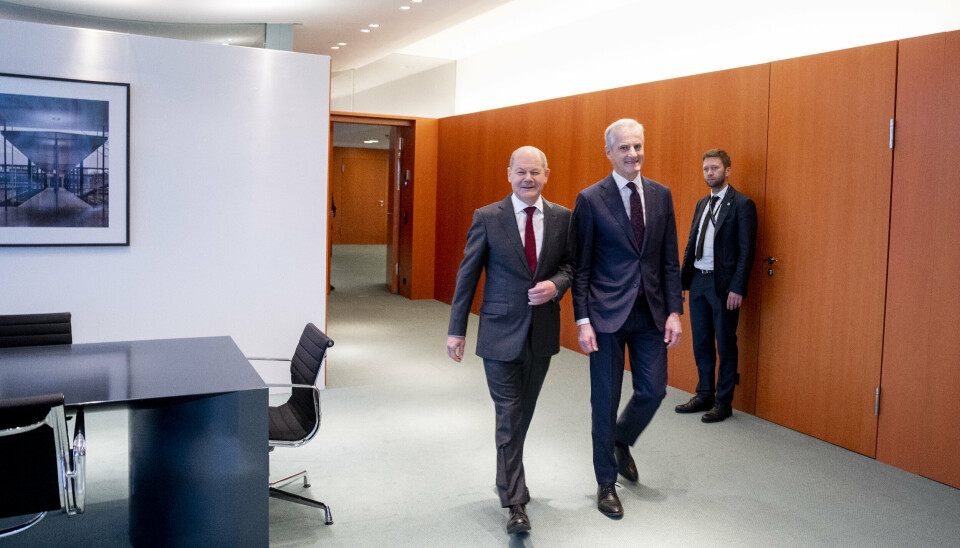 FELLES INITIATIV: Statsminister Jonas Gahr Støre møter med den tyske forbundskansleren Olaf Scholz i Forbundskanslerens kontor i Berlin.