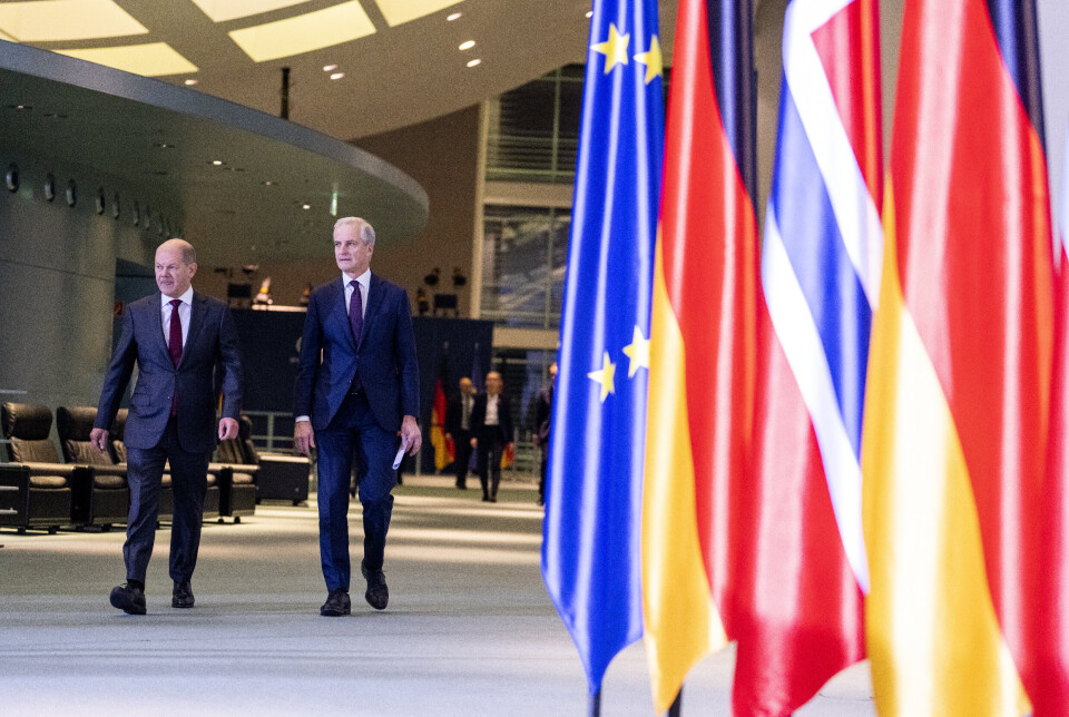 STYRKER SIKKERHETEN: Statsminister Jonas Gahr Støre og forbundskansler Olaf Sholz foreslår økt beskyttelse av norsk gassforsyning. Fotografert på Forbundskansleren kontor, under sikkerhetskonferansen i Berlin onsdag denne uken.