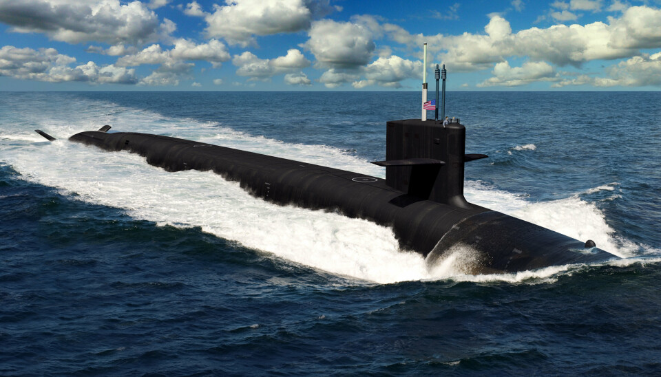 BLIR BYGGET NÅ: Kunstnerisk fremstilling av en fremtidig ubåt i Columbia-klassen som er under bygging nå. Den 171 meter lange ballistiske missilubåten skal ha et mannskap på 150 personer.