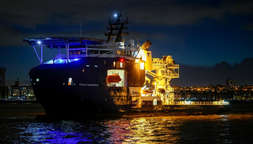 SKAL MALES GRÅTT: Royal Navy har anskaffet to slike skip. Her er Topaz Tangaroa i Liverpool.