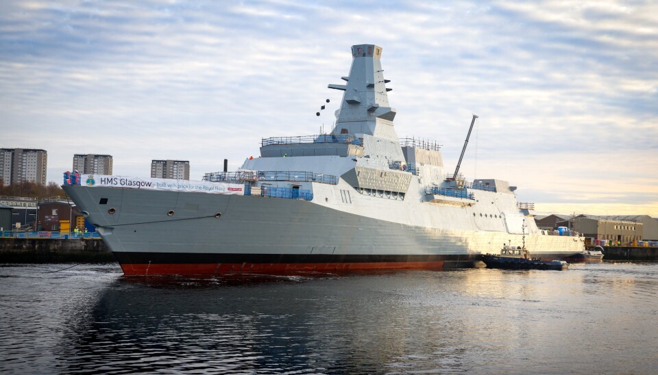 SJØSATT: Royal Navy sin første Type 26-fregatt HMS Glasgow ble sjøsatt 3. november 2022. Men mye arbeid gjenstår før hun trolig er operativ i 2028.