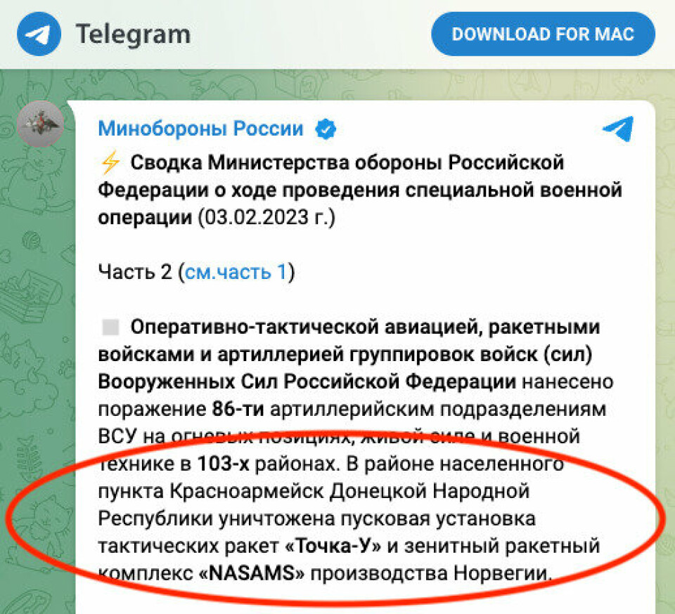 RUSSISK DAGSRAPPORT: I sin daglige oppdatering på meldingstjenesten Telegram hevder Russlands forsvarsdepartement at landets styrker har ødelagt et NASAMS luftvernsystem «produsert av Norge».