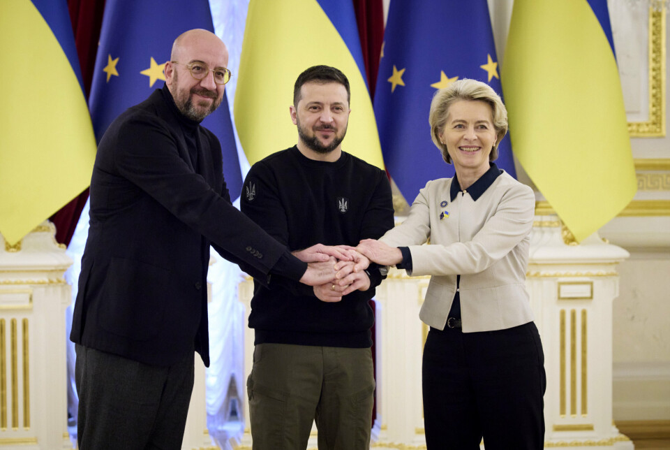 TOPPMØTE: Fredag forrige uke var flere EU-topper i Kyiv og møtte Zelenskyj, blant dem EU-kommisjonens leder Ursula von der Leyen og EU-president Charles Michel.