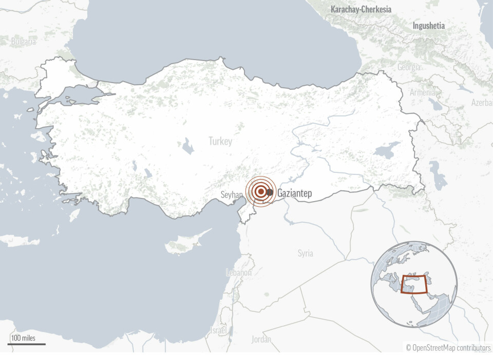 JORSKJELVET: Et kraftige jordskjelv med styrke 7,8 som rammet Syria og Tyrkia natt til 6. februar. Samme formiddag ble et kraftig etterskjelv utløst med en styrke på 7,5. Kartet viser episenteret av jordskjelvet.