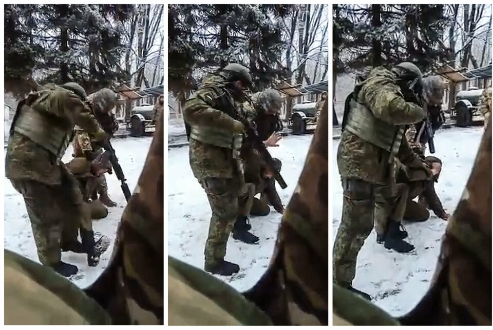 MISHANDLES: Skjermdump fra videoen der en russisk soldat må ned på knær foran militsene fra Folkerepublikken Donetsk.