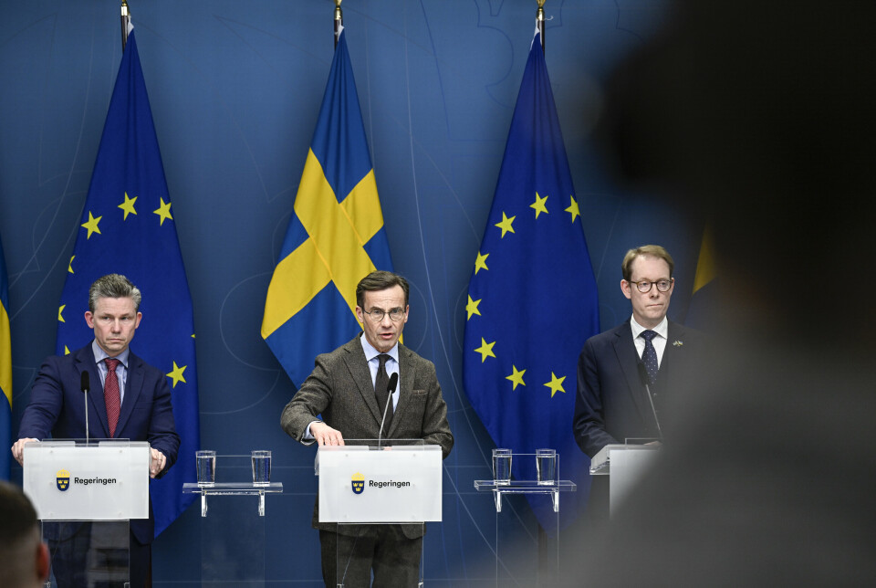 NATO-PROSESS: Fra venstre forsvarsminister Pål Jonson, statsminister Ulf Kristersson og utenriksminister Tobias Billström under et pressemøte om Nato-søknaden, Stockholm januar 2023.