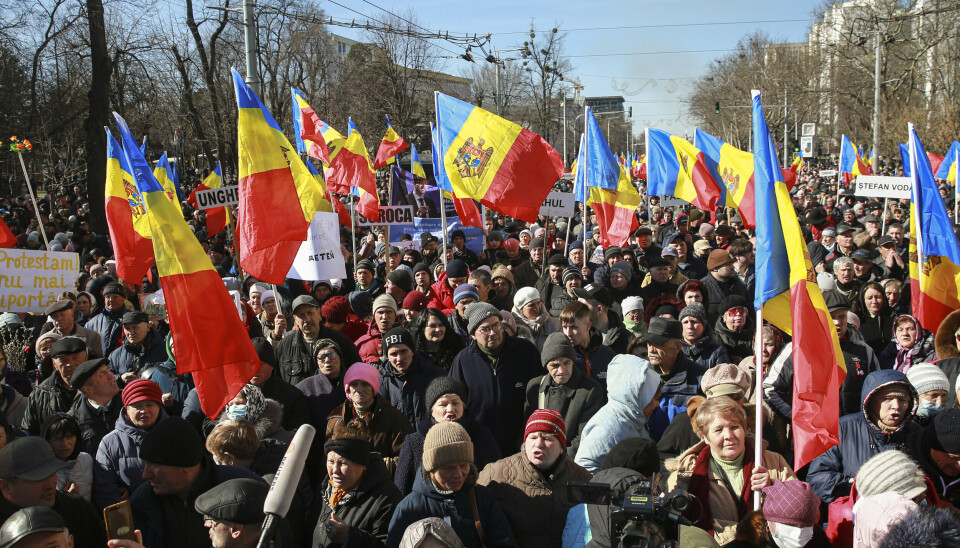 MOLDOVA: Demonstrasjon i Chisinau arrangert av Moldovas russisk-vennlige parti, 12. mars 2023. De protesterte mot landets pro-vestlige regjering og lav levestandard.