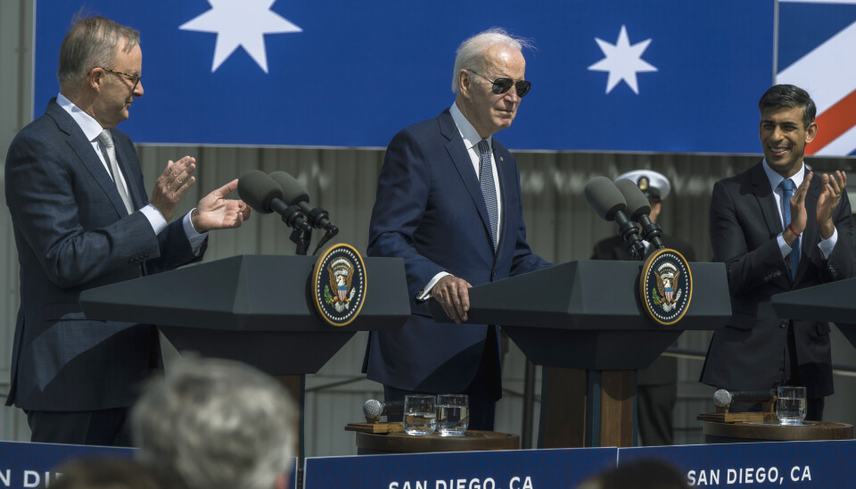 CALIFORNIA: Den australske statsmininsteren Anthony Albanese, USAs president Joe Biden og den britiske statsministeren Rishi Sunak, presenterte det trilaterale AUKUS-samarbeidet i San Diego, California, 13. Mars 2023. CALIFORNIA: Den australske statsmininsteren Anthony Albanese, USAs president Joe Biden og den britiske statsministeren Rishi Sunak, presenterte det trilaterale AUKUS-samarbeidet i San Diego, California, 13. Mars 2023.