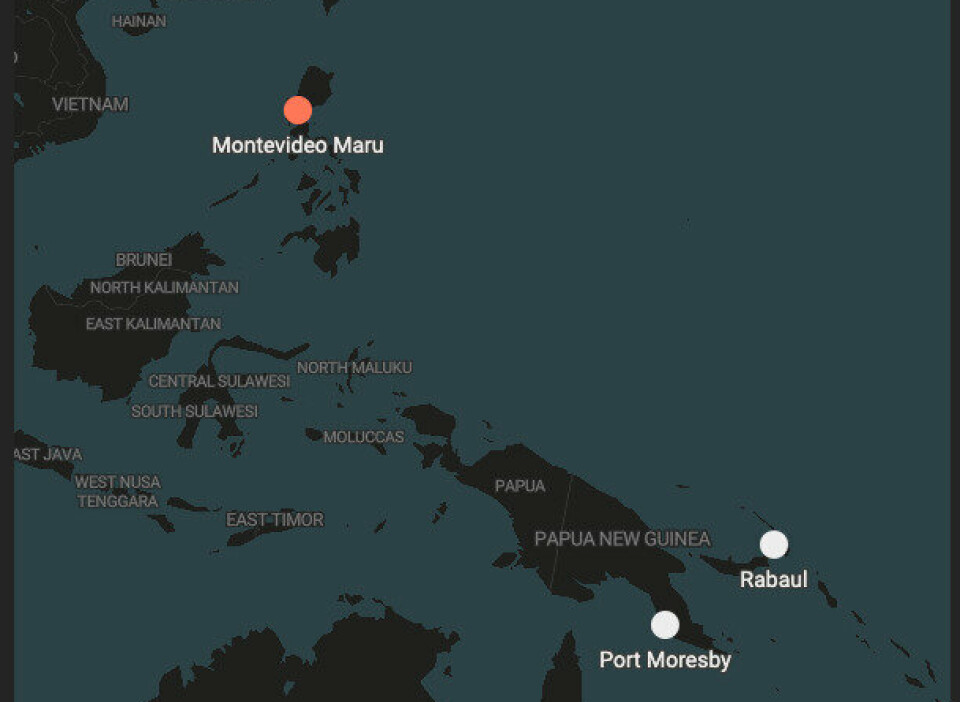 FUNNET: Kartet viser havnebyene Rabaul og Port Moresby på Ny-Guinea og det omtrentlige stedet der vraket ble funnet.