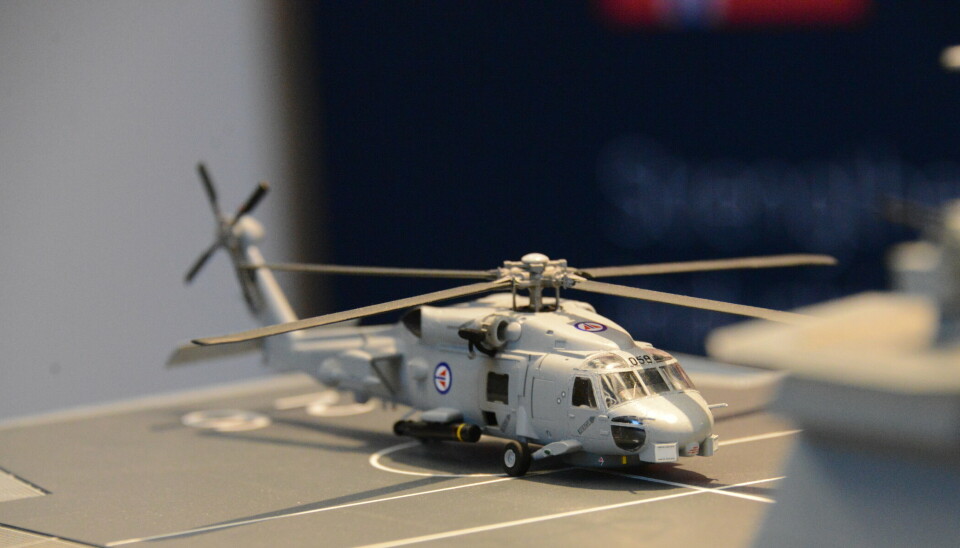 Fregattmodell med helikopter på BAE systems sin stand på FSI-konferansen 18. april.