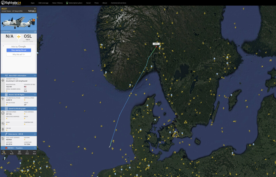 FLY: Et fly av typen Greyhound fløy søndag fra Nordsjøen til Gardermoen.