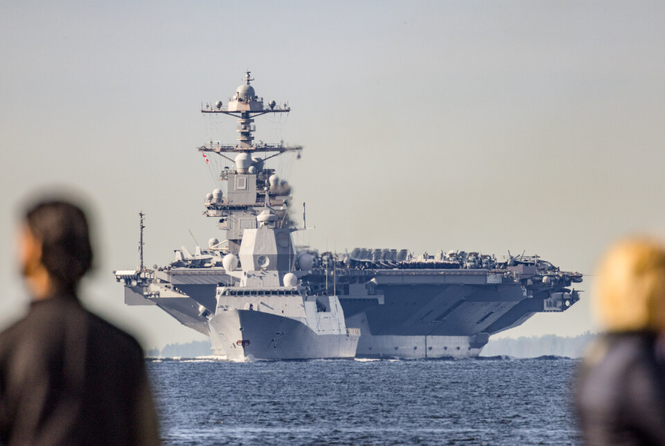 RETURNER: Hangarskipet USS «Gerald R. Ford» kommer tilbake til Oslofjorden. Her fra forrige besøk i 2023.