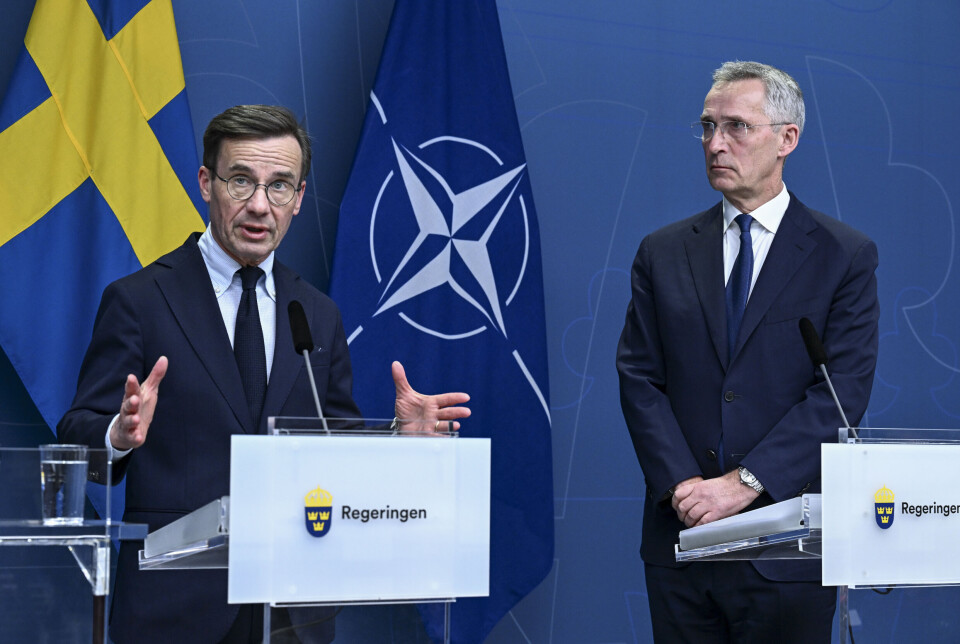 VIL INN: Sveriges statsminister Ulf Kristersson (t.v.) under en pressekonferanse med Natos generalsekretær Jens Stoltenberg i mars i år.