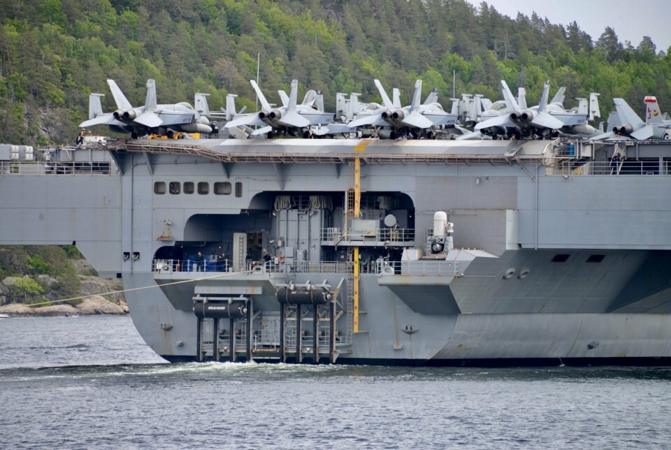 CVN-78: Hangarskipet USS Gerald R. Ford mellom Aspond og Håøya i Oslofjorden, 29. mai 2023.