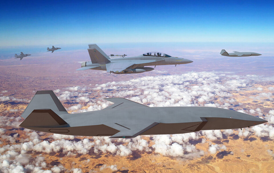 LOJALE WINGMEN: Grafisk fremstilling av hvordan Boeing forestiller seg fremtidig samarbeid mellom kampfly og droner. Illustrasjon.