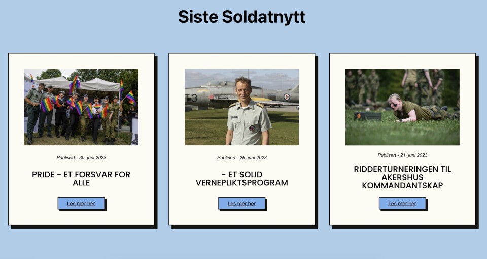 NY NETTSIDE: Slik ser Soldatnytt.no ut en tirsdag i juli. Nettsiden skal publisere for soldater, av soldater.