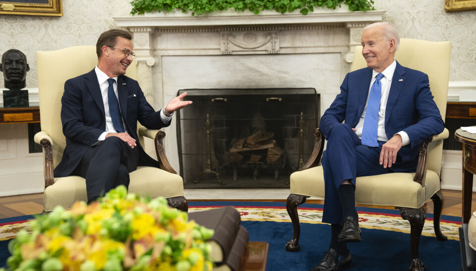 NATO-PRAT: Sveriges statsminister Ulf Kristersson og USAs president Joe Biden diskuterte svensk Nato-medlemskap da de to møttes på Det ovale kontor onsdag.