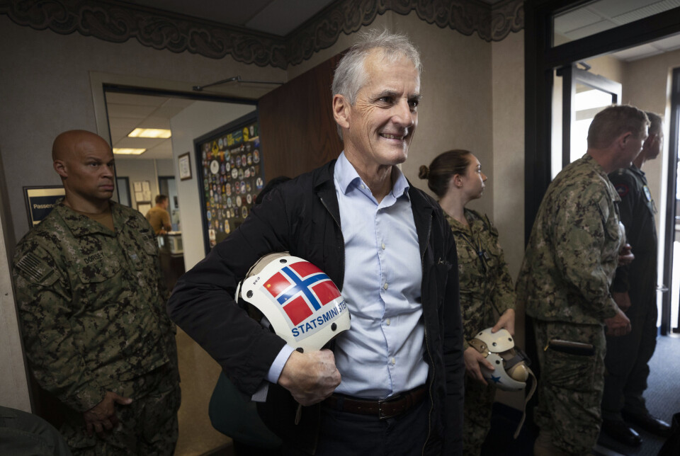 PÅ BESØK: Jonas Gahr Støre besøkte Norfolk i september i fjor. Her er han om bord på hangarskipet .USS Gerald R. Ford».