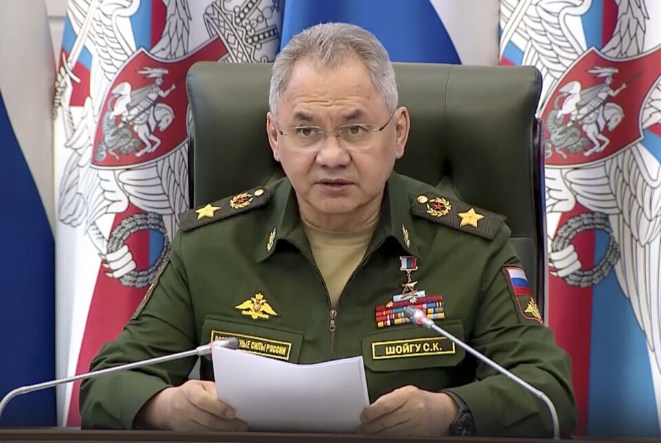 In this handout photo taken from video released by Russian Defense Ministry Press Service, Russian Defense Minister Sergei Shoigu speaks during a meeting with high level officers in Moscow, Russia, on Wednesday, May 24, 2023. (Russian Defense Ministry Press Service via AP)