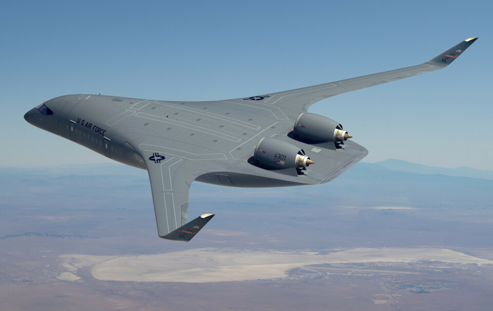 INNOVATIVT: Denne illustrasjonen viser prototypen til det som kan bli USAs fremtidige tank- og lastefly. Selskapet JetZero skal designe og bygge prototypflyet for det amerikanske luftforsvaret.