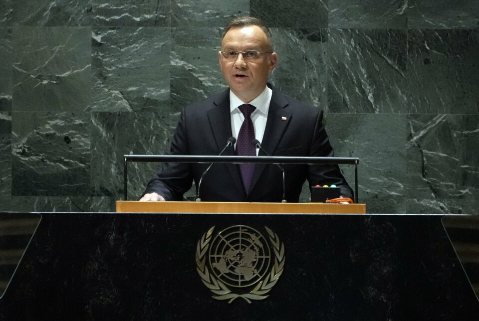 MISTOLKET: Polens president Andrzej Duda sa torsdag at statsminister Mateusz Morawieckis uttalelser hadde blitt tolket feil. Avbildet talende til FNs generalforsamling 19. september.