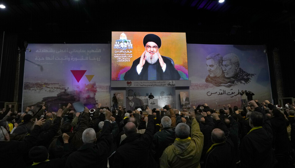 MØTE: Lederen for Hizbollah Sayyed Hassan Nasrallah holdt et videomøte for noen av sine støttespillere, onsdag 3. januar.