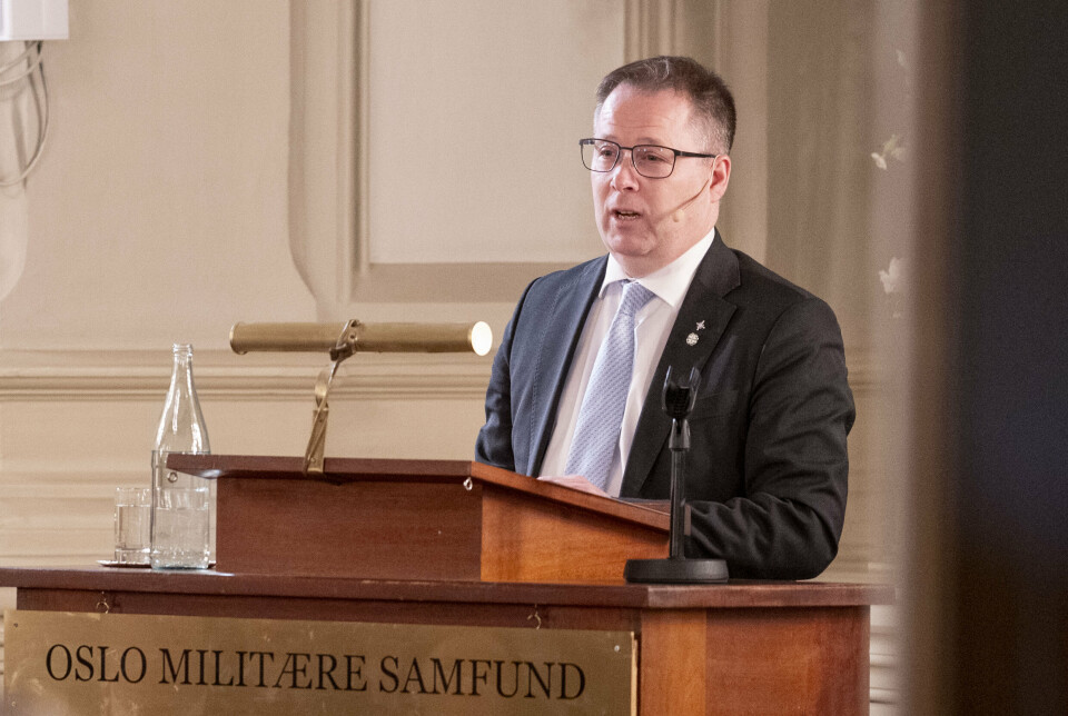 TALTE: Forsvarsminister Bjørn Arild Gram (Sp) holdt foredraget Status og utfordringer i forsvarssektoren i Oslo Militære Samfund mandag.
