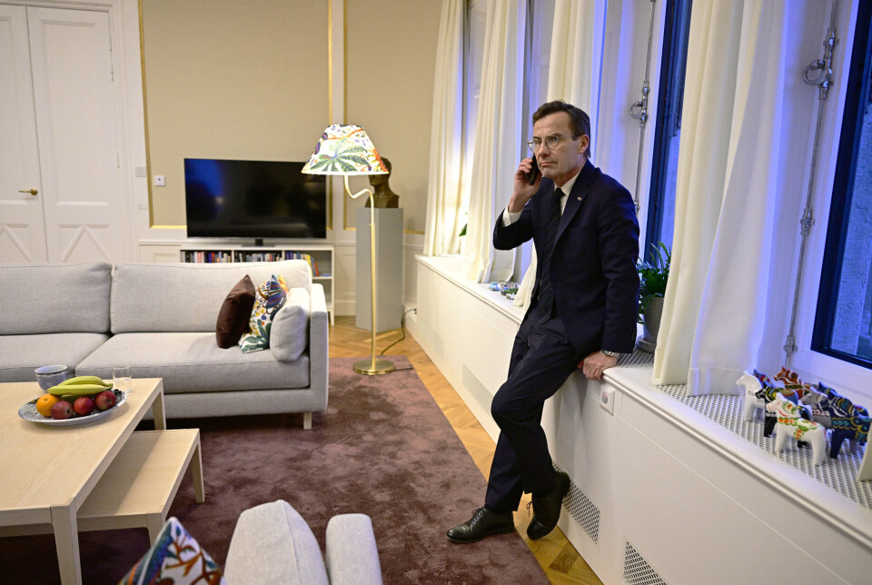 SVERIGE I NATO: Sveriges statsminister Ulf Kristersson får beskjed om at Ungarn har ratifisert Sveriges Nato-medlemsskap. Fotografert på regjeringens hovedkvarter i Stockholm, mandag 26. februar 2024.
