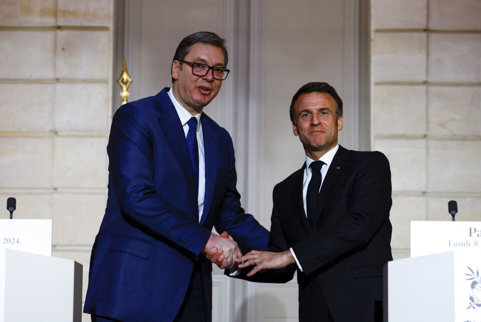 I DIALOG: Serbias president Aleksandar Vucic (t.v) og Frankrikes president Emmanuel Macron diskuterer denne uken salg av jagerfly til Serbia.