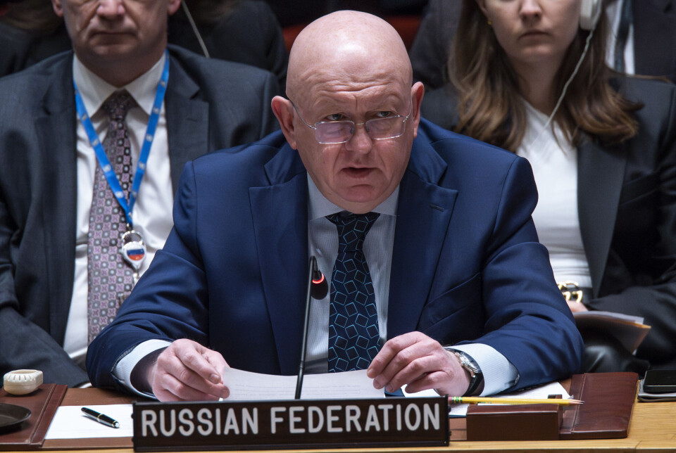 VETO: Russland representant i FNs sikkerhetsråd Vasilij Nebenzia under onsdagens møte om atomvåpen.