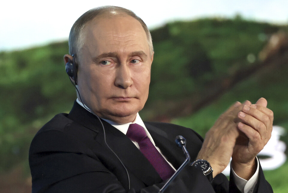 STØTTER HARRIS: President Vladimir Putin på konferansen i Vladivostok, der han roste Kamala Harris og hennes latter.