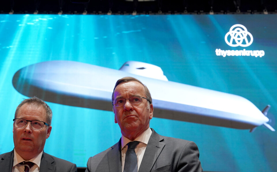 UBÅTER: Bjørn Arild Gram og Boris Pistorius i Kiel da produksjonen av nye ubåter til Forsvaret startet i september 2023.