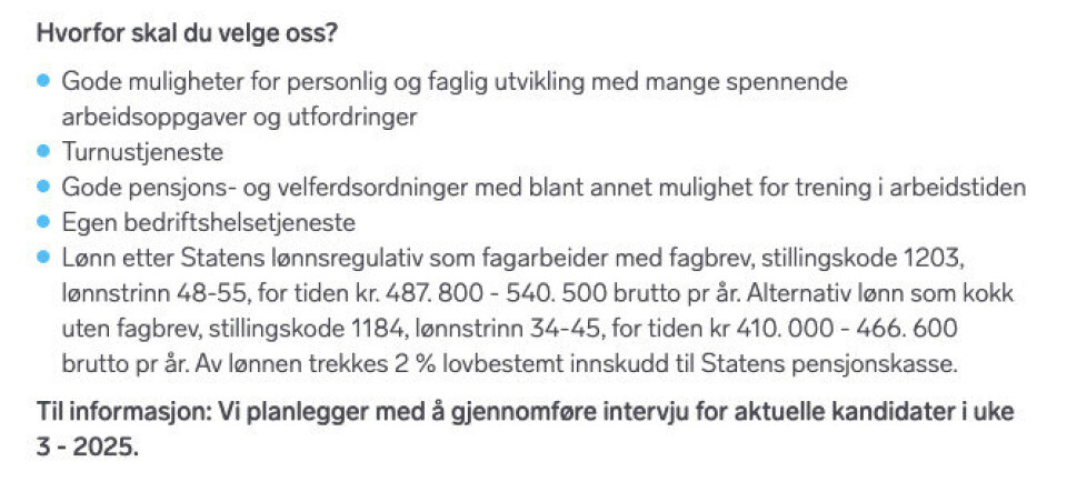 SIVIL: Stillingsutlysning for sivil kokk. Her loves lønn (for de med fagbrev) mellom 484.800-540.500 kroner.