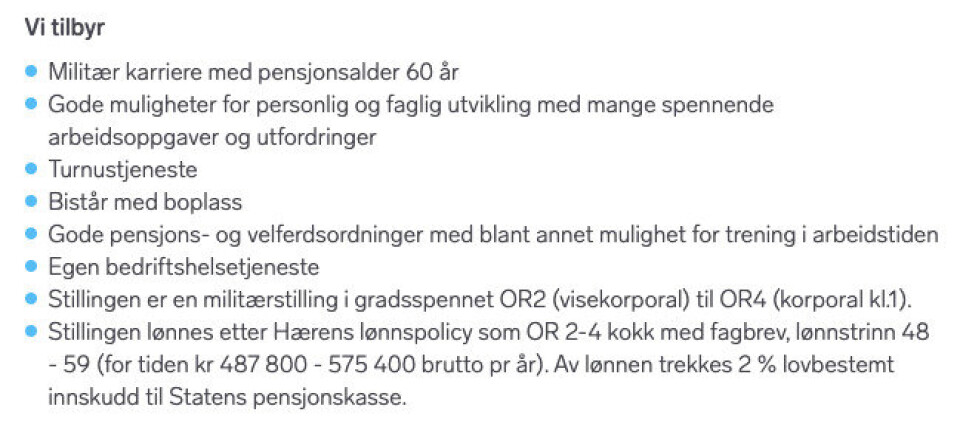 MILITÆR: Stillingsutlysning for militær kokk. Her loves lønn mellom 484.800-575.400 kroner.