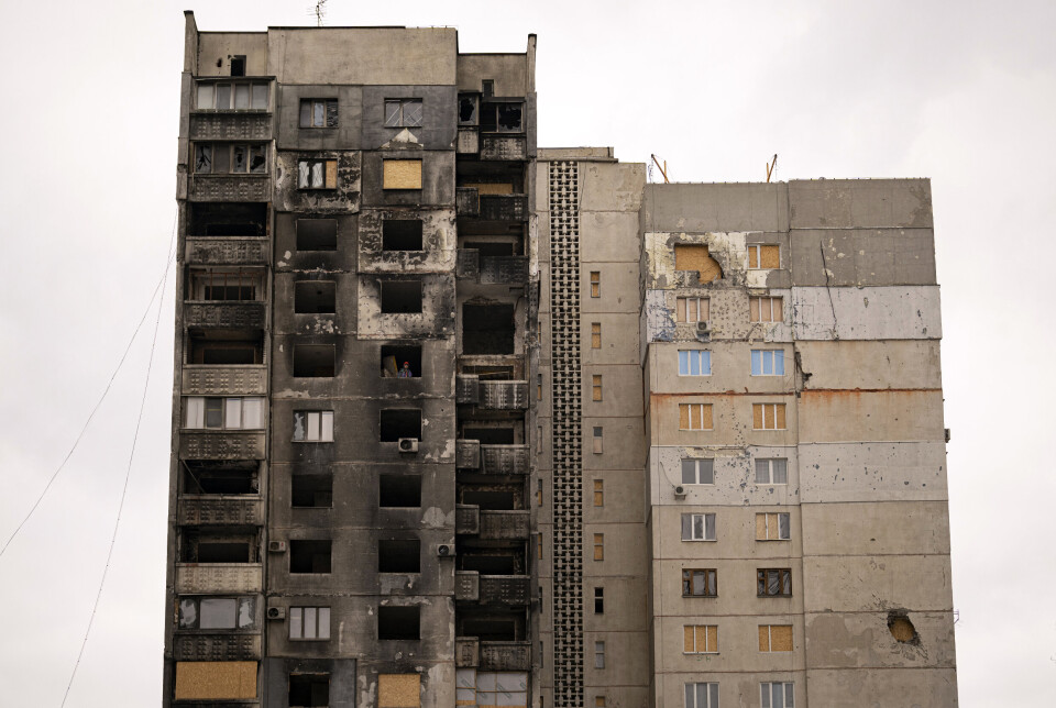 KHARKIV: Bildet viser en bygning i Saltvika-distriktet i Kharkiv som er ødelagt av russisk bombardement. Bildet er datert 16. februar 2023.