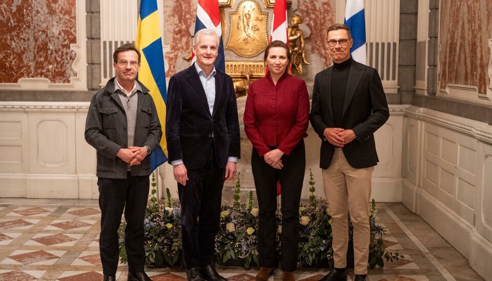 FELLES MIDDAG: Statsminister Jonas Gahr Støre har i kveld hatt en uformell middag hos Danmarks statsminister Mette Frederiksen. Der var også Sveriges statsminister Ulf Kristersson og Finlands president Alexander Stub.