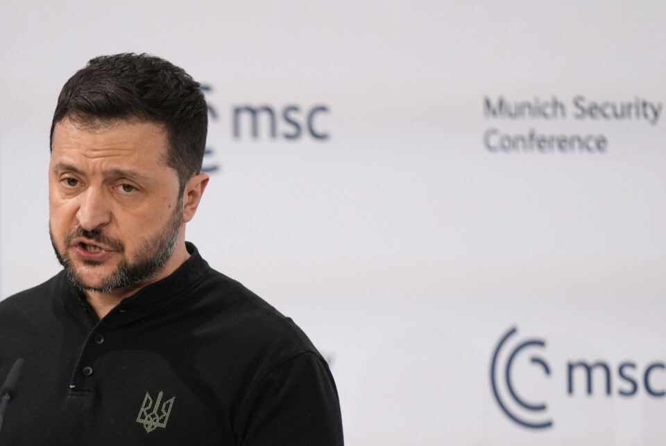 TALER: Ukrainas president Volodymyr Zelenskyj taler på Sikkerhetskonferansen i München.