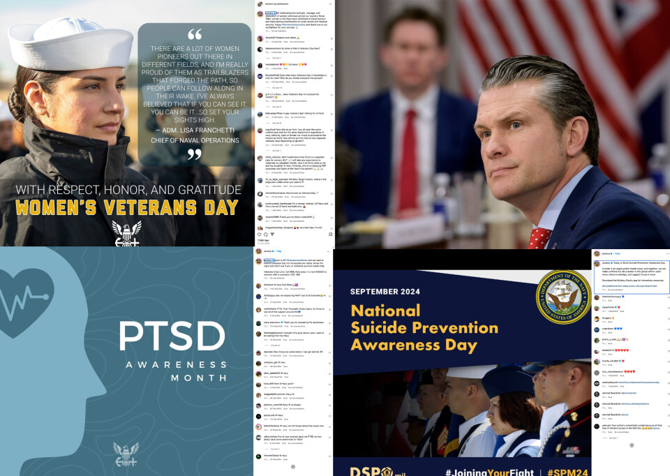 FJERNER INNLEGG: USAs forsvarsminister Pete Hegseth (øverst til høyre) har satt i gang en opprydning av forsvarets plattformer.