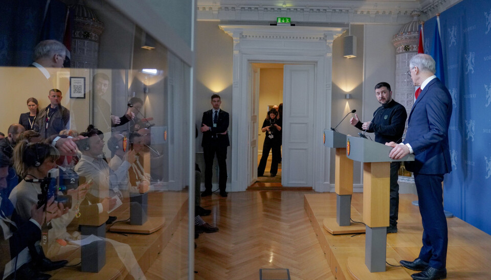 PÅ BESØK: Ukrainas president Volodymyr Zelenskyj og statsminister Jonas Gahr Støre på en pressekonferanse i regjeringens representasjonsanlegg torsdag 20. mars 2025.