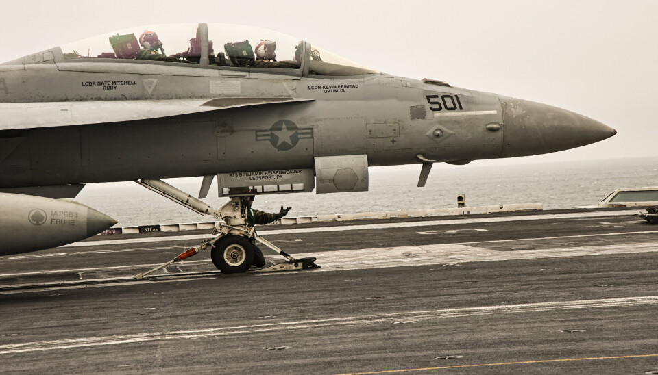 FALT AV: Et slikt fly, av typen F/A-18 Super Hornet falt tirsdag av hangarskipet USS Harry S. Truman og sank i Rødehavet. Bildet er fra øvelse Neptune Strike i Nordsjøen 26. oktober 2024.