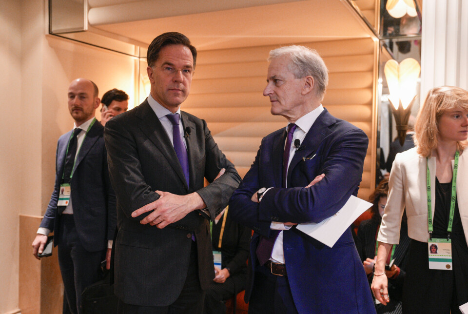 TIL NORGE: Mark Rutte og Jonas Gahr Støre under sikkerhetskonferansen i München i 2024.