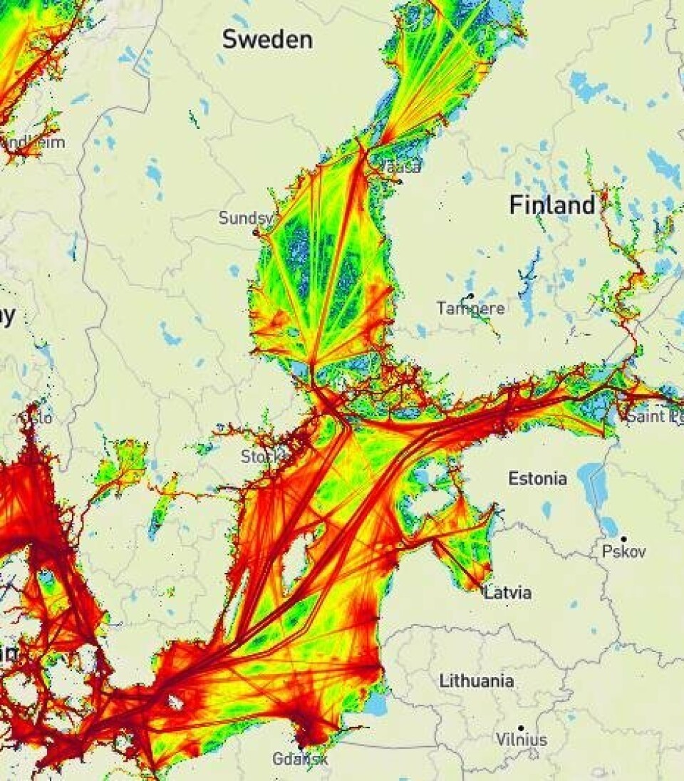 ØSTERSJØEN: Figur som viser maritim trafikk i Østersjøen, 2015.